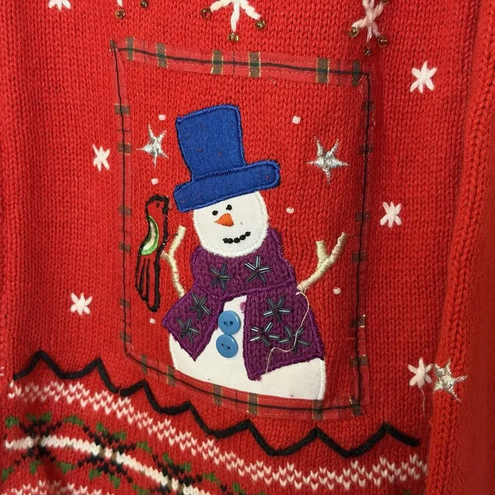 Designers‎ Originals Studio Joy Christmas Sweater Cardigan Sz PS Red Snowman Zip